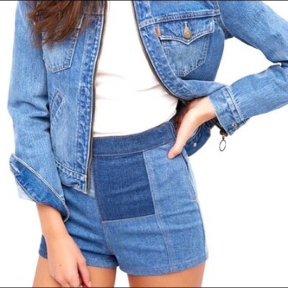 New Free People Patchwork 25 Denim High Waist Retro-Inspired Shorts - Picture 9 of 12